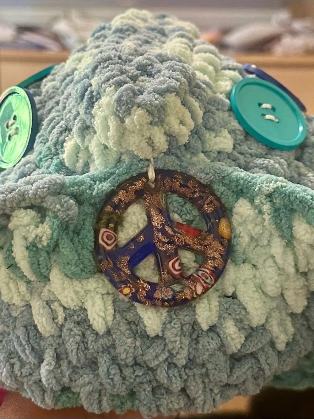 Chunky Knit Peace Sign Bucket Hat Variegated Aqua Blue Marled Festival